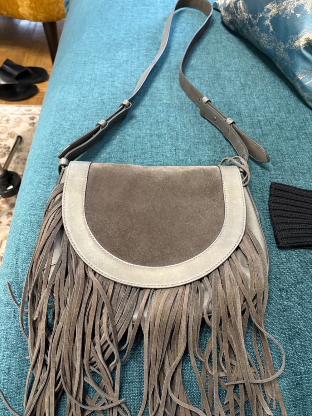 FRYE Ray Fringe Crossbody Saddlebag - Suede/Leather - Picture 3 of 9